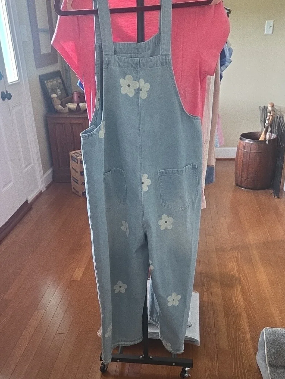 Light Wash Denim Floral Overalls with White Flower Appliqués
